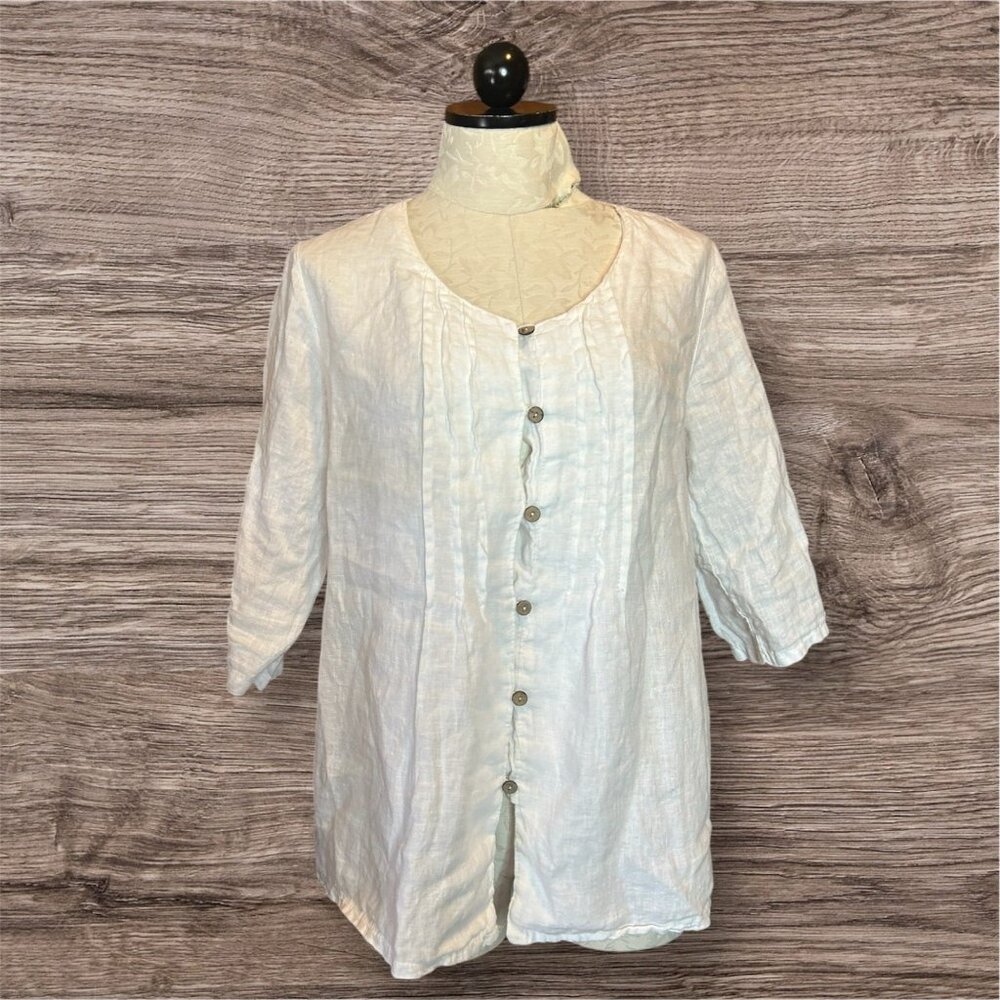 Lungo L'arno 100% Linen White Blouse Top Lagenlook Eyelet Button Down Italy Sz L